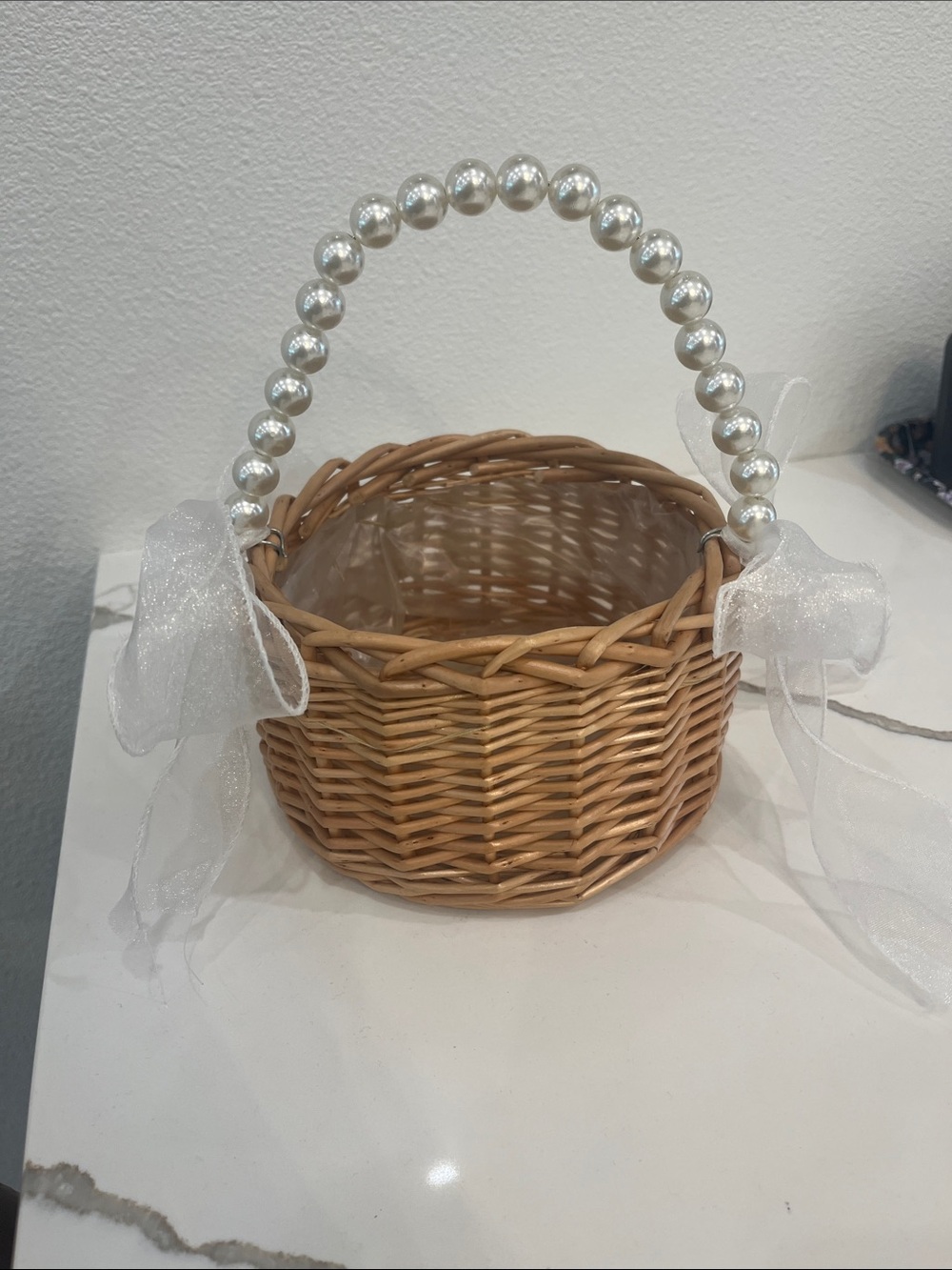 Flower girl Woven Rattan Basket with Pearl Handle and Organza Bows
